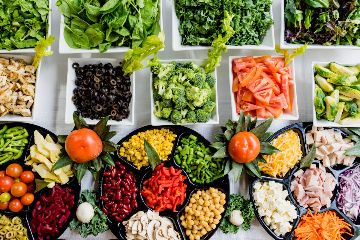 Colorful balanced foods on a table